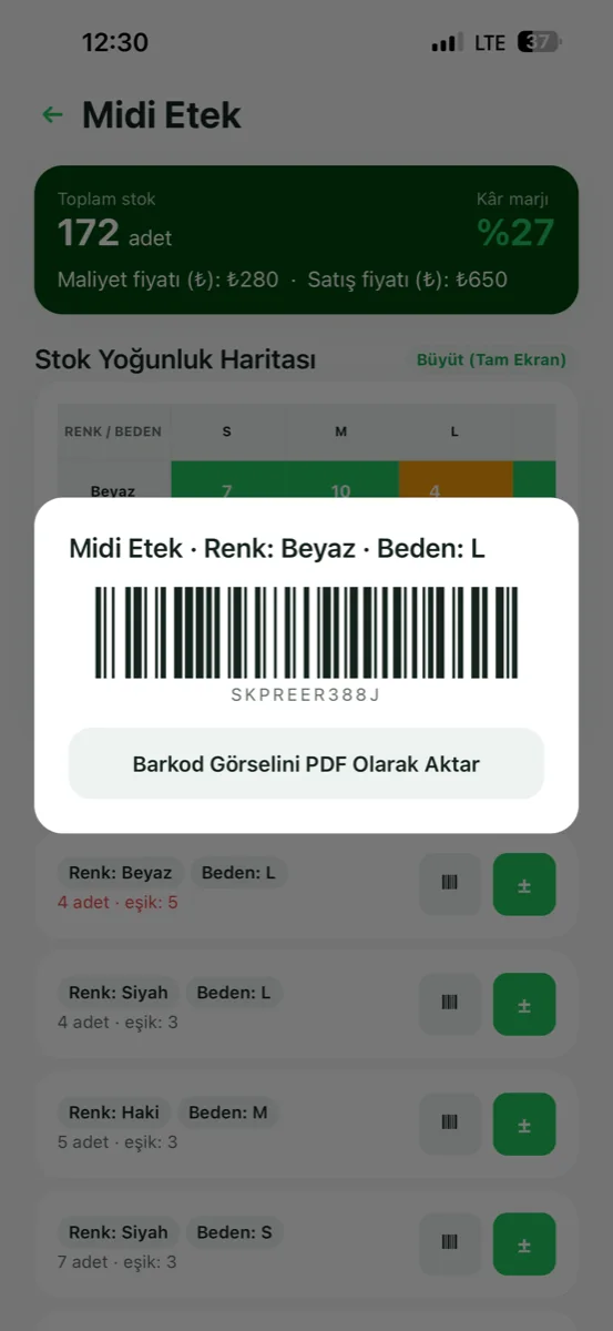 Varyant başına barkod üretimi ve etiket düzeninde PDF çıktısı