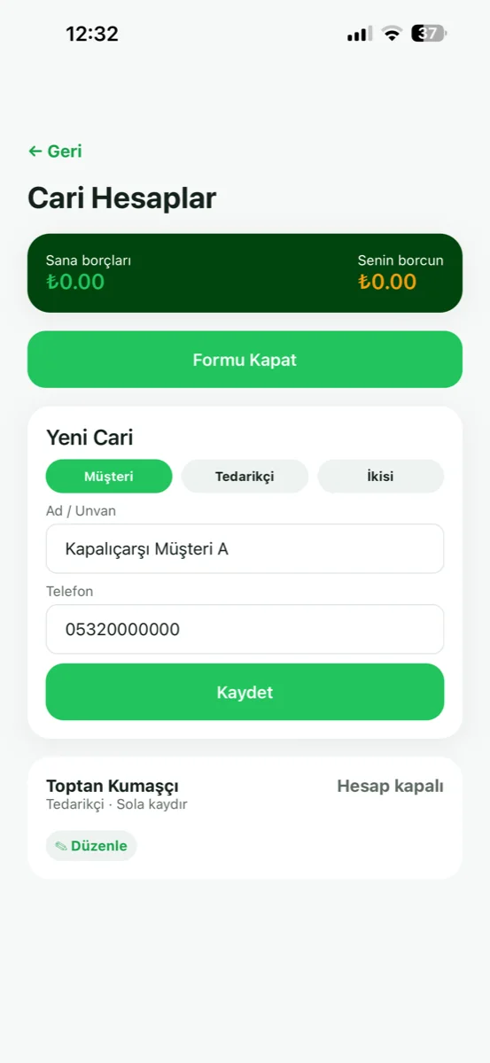 Cari hesaplar — müşteri, tedarikçi ve bakiye takibi