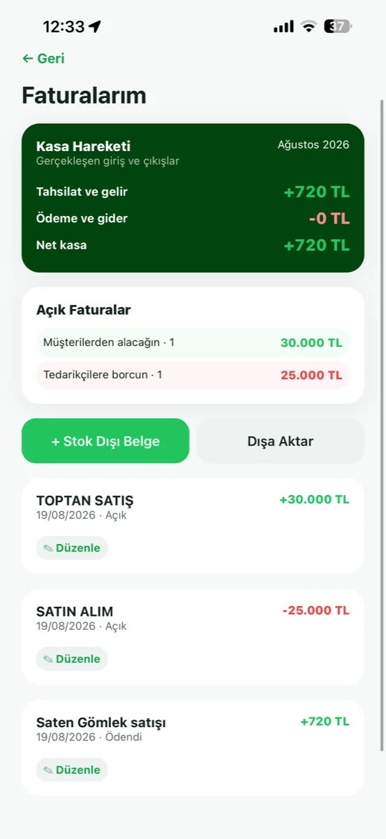Belge ve kasa hareketleri — satış, alım, tahsilat, taksit