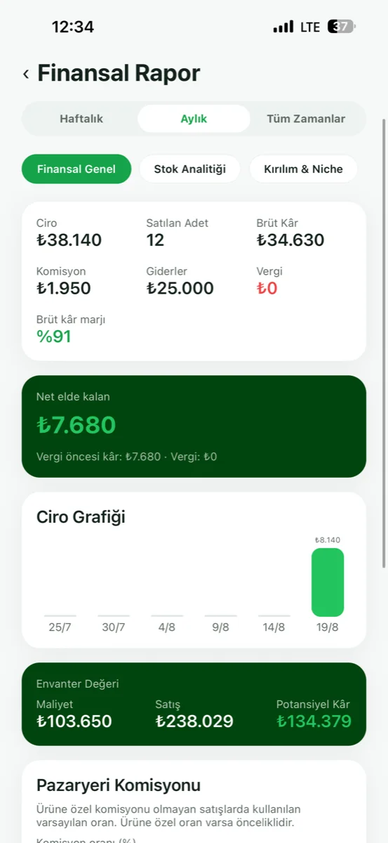 Finansal rapor — ciro grafiği, envanter değeri ve net kâr