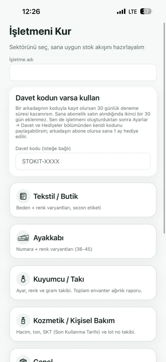 Sektöre göre kurulum — tekstil, ayakkabı, kuyumcu ve kozmetik şablonları