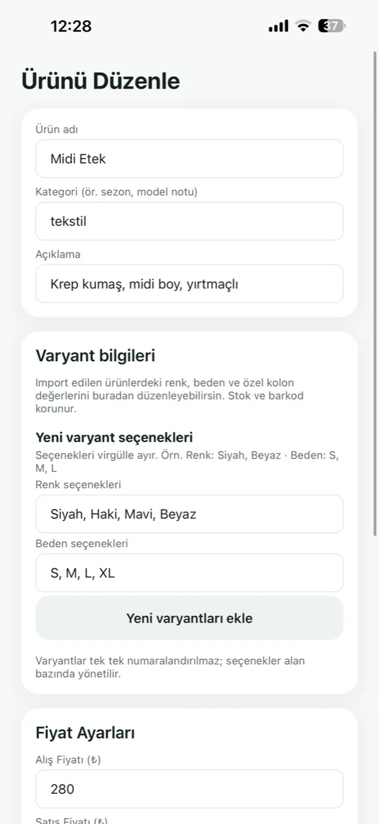Ürün ve varyant tanımı — renk, beden, ayar, hacim
